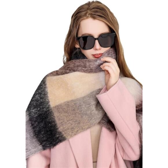 Yatemiole Women's Cashmere Big Coloured Checked Scarf Winter Warm Wrap Scarf - Picture 2 of 7